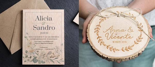 Invitación de madera y porta alianzas con corona floral para sorprender y marcar la difrencia en tu boda 2020