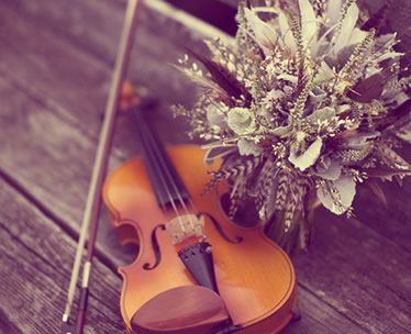 violin en banco de una boda